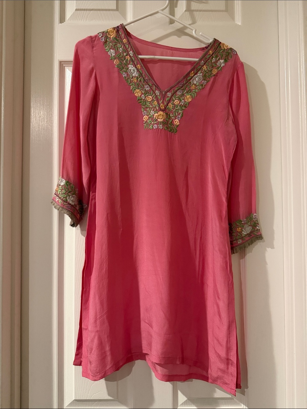 Light Pink Gara work Embroidered silk V-Neck Women's Tunic Top